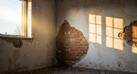 Abandoned room with peeling walls, broken window exposing sunlight. Warm light creates shadows from window panes, exposing crumbling brick; evokes nostalgia and decay.
