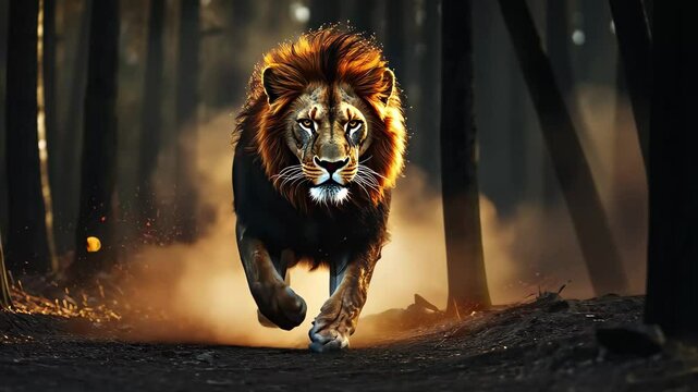 Fiery lion dashes through a dark forest, capturing the essence of wild adventure and drama, Fiery lion running through a dark forest in a dramatic scene