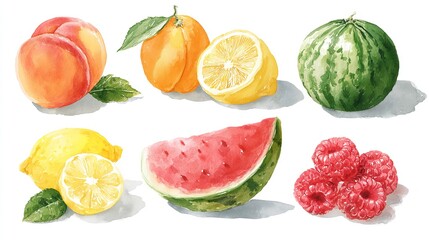 Watercolor Fruit Still Life Art Fresh Peach Apricot Lemon Watermelon Raspberry Summer Food
