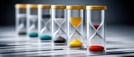 Fototapeta premium Small business concept with hourglass timer showing time management and productivity in modern office setting with colorful sand