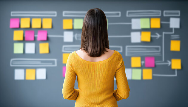 Small business woman plans strategy using colorful sticky notes on board showing organized workflow and creative ideas - Powered by Adobe