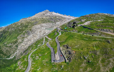 Furkapass, Furkapassstrasse, Luftaufnahme, Schweiz, Juni 2025