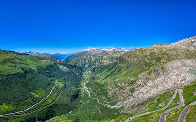 Furkapass, Furkapassstrasse, Luftaufnahme, Schweiz, Juni 2025