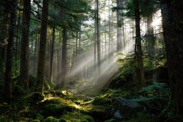 Obraz premium Sunbeams shine through a dense forest during early morning hours, illuminating the vibrant greenery and creating a tranquil atmosphere for nature enthusiasts