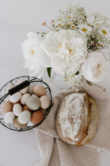 Fresh Flowers, Bread and Eggs