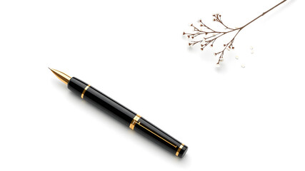 Fototapeta premium Black and Gold Fountain Pen with Delicate White Baby Breath Flowers on White Background Minimalist Stationery Product Photography