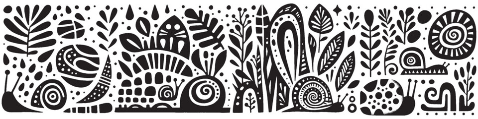 Hand‑Drawn Snail and Rock Illustration, Tribal Nature Folk Art Pattern Vector for Wildlife and Outdoor Theme Designs