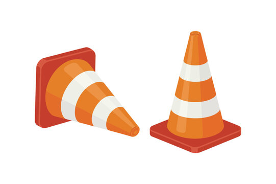 Vector illustration of plastic barrier and traffic cone and helm, construction and safety tool, white and orange traffic cone, red plastic barrier blocking pathway