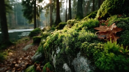 Close-up of Vibrant Green Moss Growing on Rocks in a Forest with a Fallen Leaf