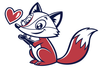Cartoon fox smiles, presenting a floating heart symbol with its small paws with navy outlines