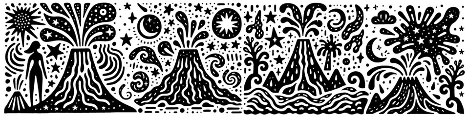 Hand‑Drawn Mountain and Volcano Illustration, Tribal Landscape Folk Art Vector for Nature, Adventure, and Geology Themes Design