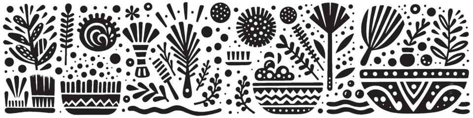 Hand‑Drawn Bowl and Vegetable Cuisine Illustration, Tribal Culinary Folk Art Pattern Vector for Healthy Food and Kitchen Theme Designs