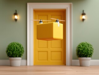 Innovative delivery concept showcasing a flying yellow package hovering near a vibrant door and lush greenery capturing the essence of modern logistics and evolving technology