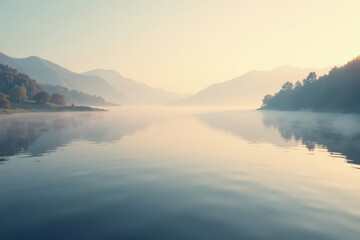 Serene Dawn Mist Over a Calm Lake, Mountains Silhouetted in the Soft Light of the Rising Sun