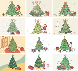 Charming Christmas tree, wrapped in lights and snowflakes, ideal for winter cards, banners, or holiday websites.