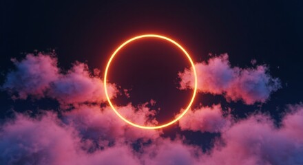 Naklejka premium Glowing circular halo against dark twilight sky, surrounded by pink and purple clouds, ethereal and vibrant mood, soft lighting, high contrast.