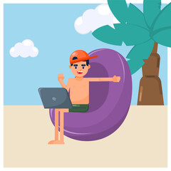 Flat Illustration Digital nomad man working in the beach with his laptop, deadline freelancer project