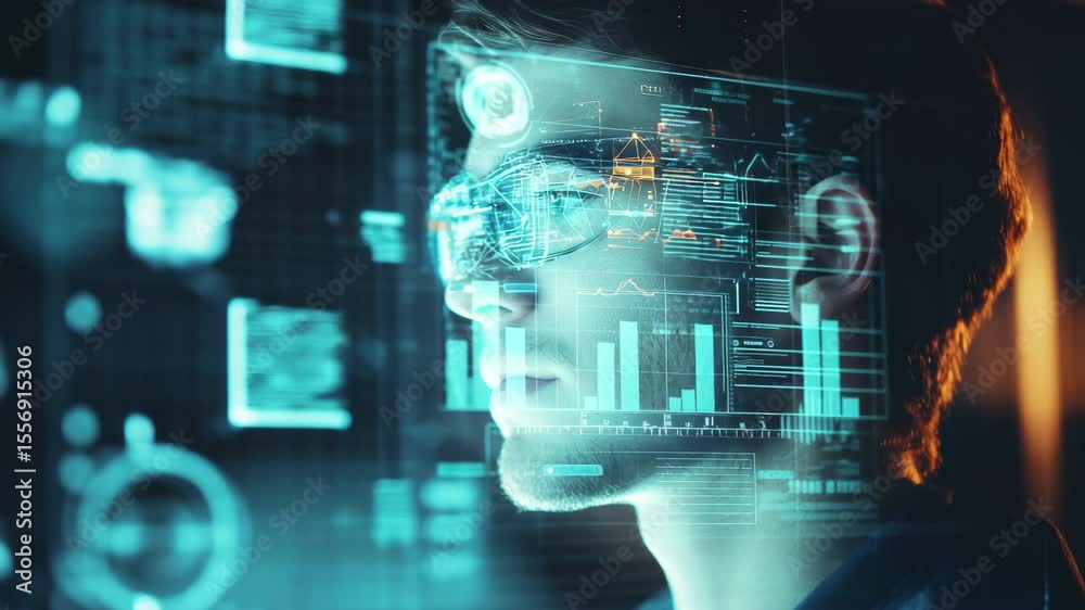 Poster diagrams and data processing displayed as a caucasian man uses advanced smart glasses in a modern se