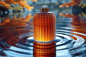 Marketing Bottle Floating on Calm Water Surface with Reflection