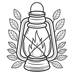 Lantern Bottle with Flame and Leaves – Witch’s Light Halloween Line Art Vector for Children’s Coloring Books