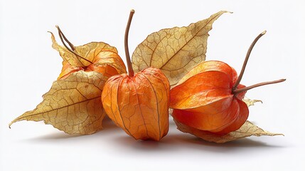 Chinese lantern plant still life photography bright orange pods intricate details dried leaves