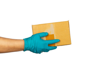 Man's hand wearing a glove holding a cardboard box. isolated on white background