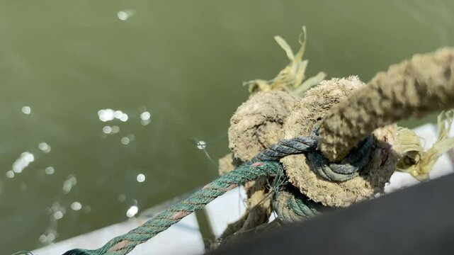 Close up rope fishing trap with blurred pond reflection sunny day.