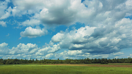 Landscape with rolling clouds and green fields under a blue sky