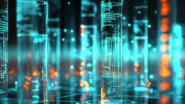 Data processing and analysis taking place over illuminated laboratory test tubes in a modern setting, data processing over laboratory test tubes
