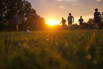 Soccer practice takes place in a grassy field at sunrise with players training under the warm glow of the early morning sun