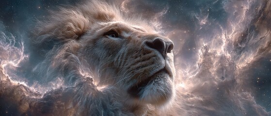 Cosmic Lion in Nebula with Majestic Mane and Starry Background