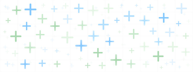 Minimal healthcare pattern with colorful crosses on white. Suitable for hospital apps, medical websites, or science visuals. Clean and repeating composition.