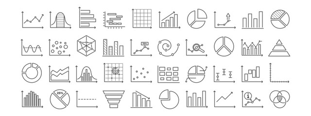 Business Chart and Graph Set with Line, Bar, and Pie Icons for Data Analysis or Statistics in Reports and Research