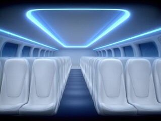 Fototapeta premium Futuristic cabin of a passenger aircraft showcasing sleek white seats illuminated by ambient blue lighting creating a modern travel experience that redefines aviation aesthetics