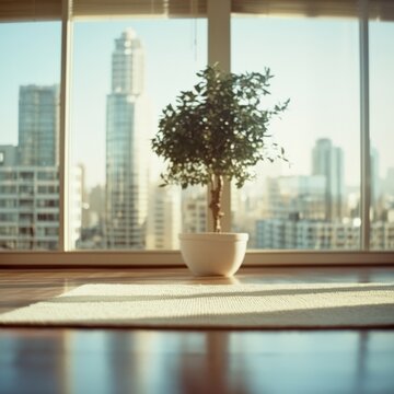 A small potted plant on a rug by a large window overlooking a sunlit urban cityscape with tall buildings.