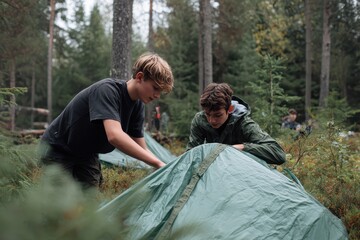 Young campers set up their tent in a lush forest under the gentle light of early evening, creating a cozy haven for the night ahead