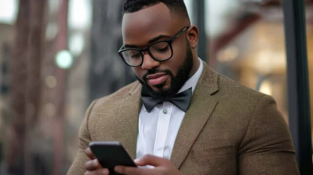 Business man clarifying important details on his smartphone while dressed in formal attire outdoors, business man using a smartphone to clarify the necessary information