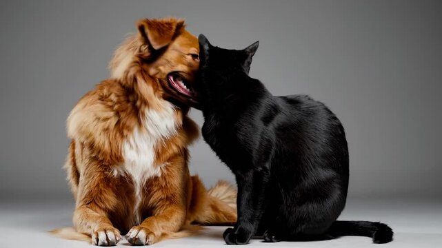 Friendly dog and cat sitting together in a studio setting showing their unique personalities