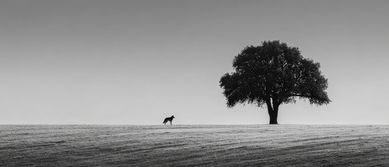 Lone Animal Walking Near Solitary Tree in Monochrome Landscape