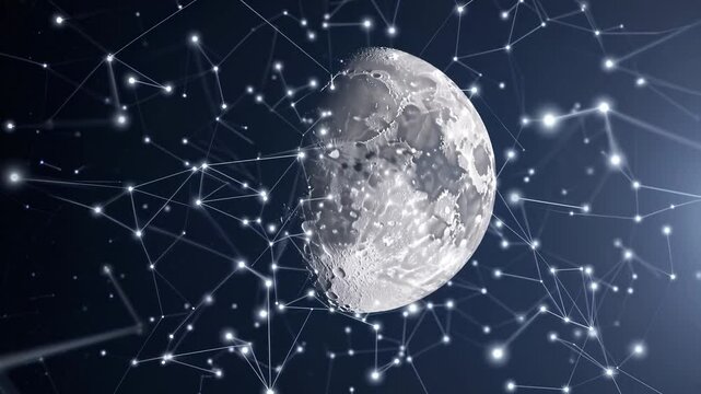 Night sky reveals a beautiful moon surrounded by twinkling stars and cosmic connections