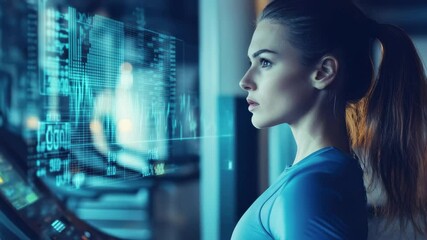 Woman exercises on treadmill as performance graphs display essential workout metrics, Exercising on treadmill, woman with graphs and percentages overlaying - Powered by Adobe