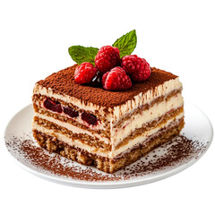 Tiramisu, Angel Food, Opera, Victoria Sponge cake slice transparent . Patisserie bakery pastry shop menu dessert, vibrant colorful classic cakes on white plate [Transparent Background PNG]