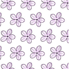 Lilac Syringa vulgaris flower Seamless Pattern Hand drawn vector line art, Black and Purple Flower isolated in white. Beautiful design for textile, wallpaper, wrapping paper and backgrounds