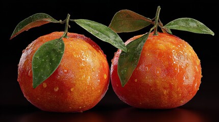 Two Fresh Tangerines With Water Droplets and Green Leaves A Zesty Citrus Fruit Still Life on Black