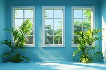 Trio of Glass Windows Framed by Lush Green Plant Pots