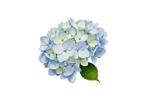 Delicate watercolor illustration of a single hydrangea floret with soft white and light blue petals and green veins, isolated on a transparent background with copy space, ultra-realistic UHD photo