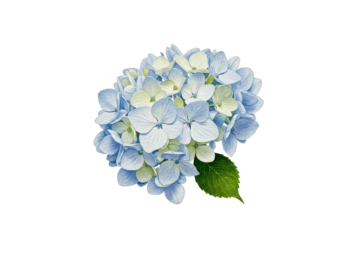 Delicate watercolor illustration of a single hydrangea floret with soft white and light blue petals and green veins, isolated on a transparent background with copy space, ultra-realistic UHD photo