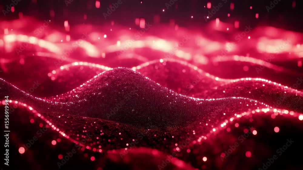 Poster Luminous waves of movement create an abstract red background full of energy and dynamism, Abstract background with the movement of luminous particles Digital technology 3D rendering