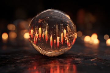 Crystal ball showing stock market crash, red candles plunging, anxious eyes watching from the dark, symbolic warning as analysts forecast deep recession led by central bank panic policy moves.