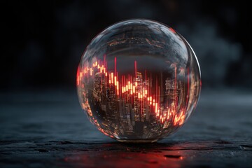Crystal ball showing stock market crash, red candles plunging, anxious eyes watching from the dark, symbolic warning as analysts forecast deep recession led by central bank panic policy moves.